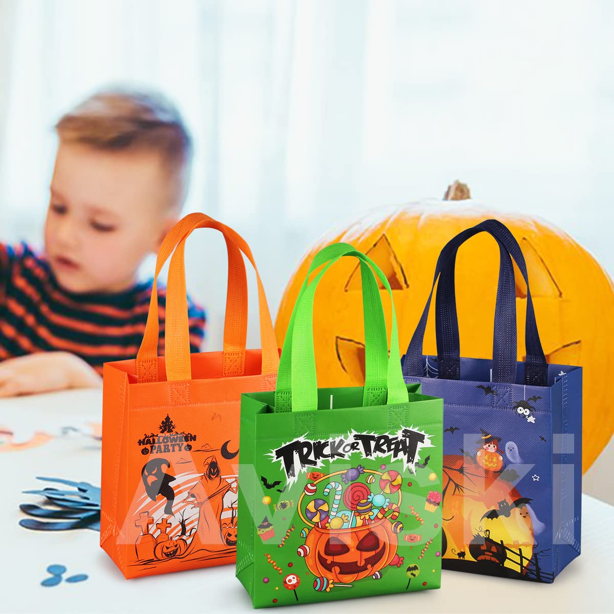 Aviski 8PCS Trick or Treat Bags - Small Multifunctional Non-Woven Halloween Tote Bags with Handles for Gifts Wrapping & Party Supplies