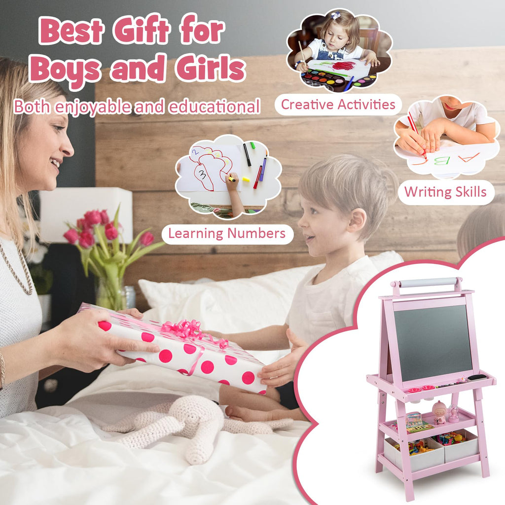 Costzon Kids Art Easel, 3 in 1 Double-Sided Painting Easel w/Magnetic Whiteboard, Chalkboard & Paper Roll, 2-Tier Storage Rack & 2 Boxes, Standing Easel for Kids, Toddlers, Gift for Boys, Girls