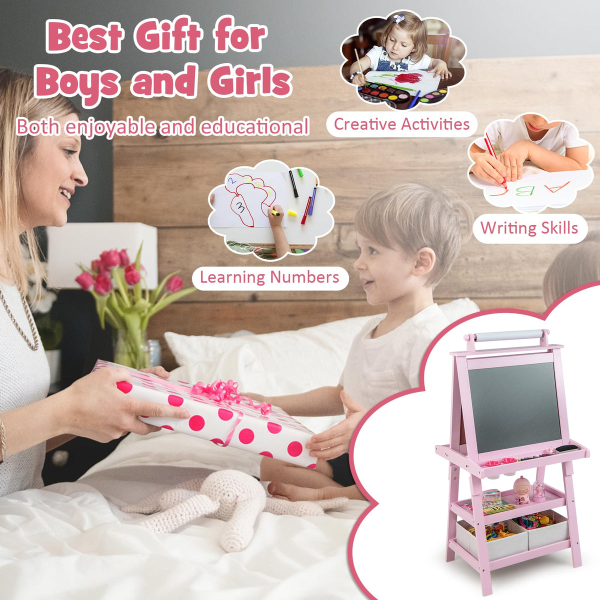 Costzon Kids Art Easel, 3 in 1 Double-Sided Painting Easel w/Magnetic Whiteboard, Chalkboard & Paper Roll, 2-Tier Storage Rack & 2 Boxes, Standing Easel for Kids, Toddlers, Gift for Boys, Girls