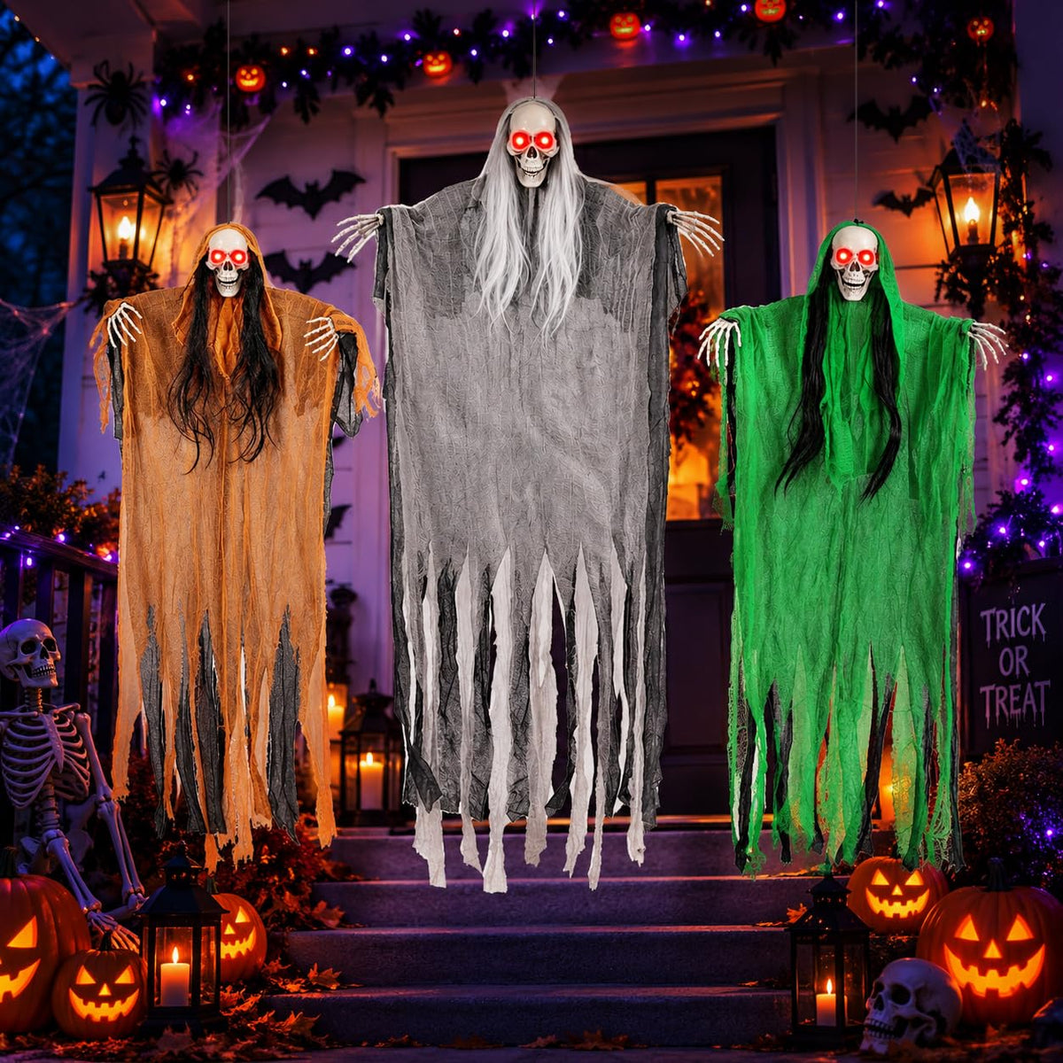 3 Pack Halloween Hanging Skeleton Ghost Decorations with Light Up Red Eyes