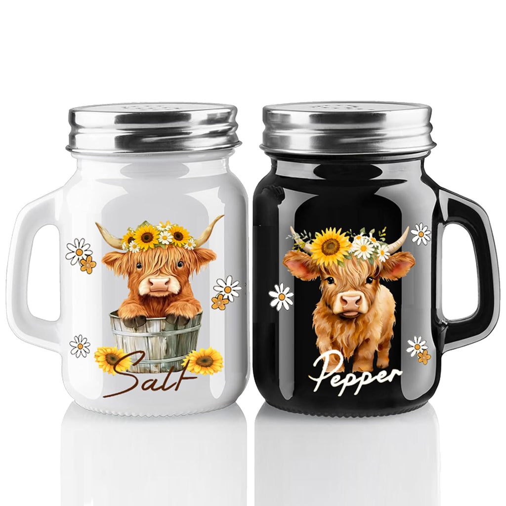 ZRMVRO 2 Salt And Pepper Shakers，Highland Cow Cute Fun Salt And Pepper Shakers Set，Cute Salt Shakers For Kitchen Decor，Black And White Salt And Pepper Shakers With Stainless Steel Lids