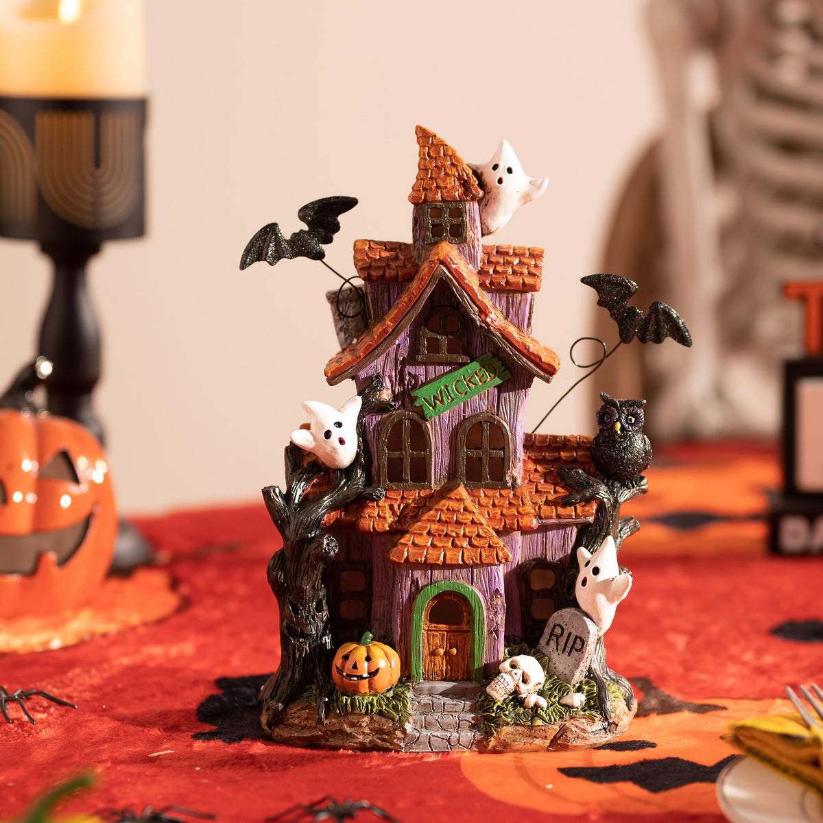 Valery Madelyn Halloween Decorations, Lighted Halloween Village Houses with LED Lights, Resin Spooky Town Happy Haunted House for Home and Party Table Desk Mantel, 9 Inch
