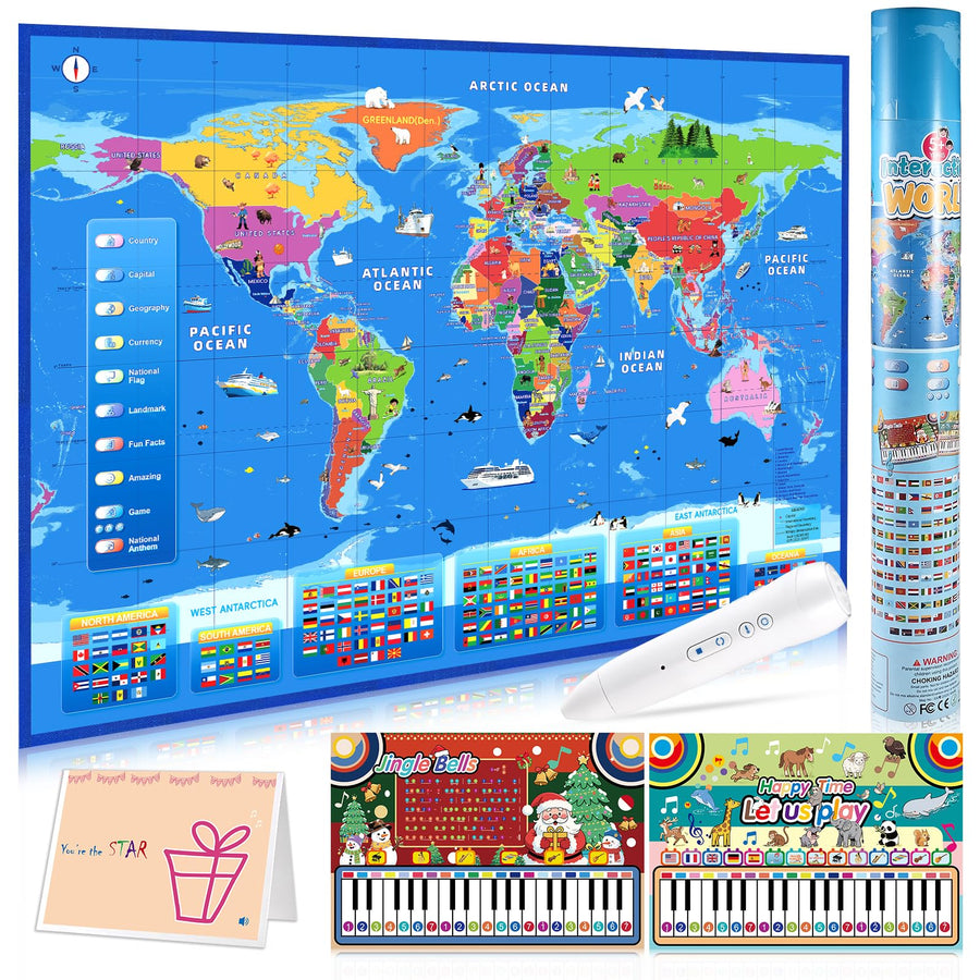 Goldge Interactive World Map for Kids Ages 5-12 with Talking Pen