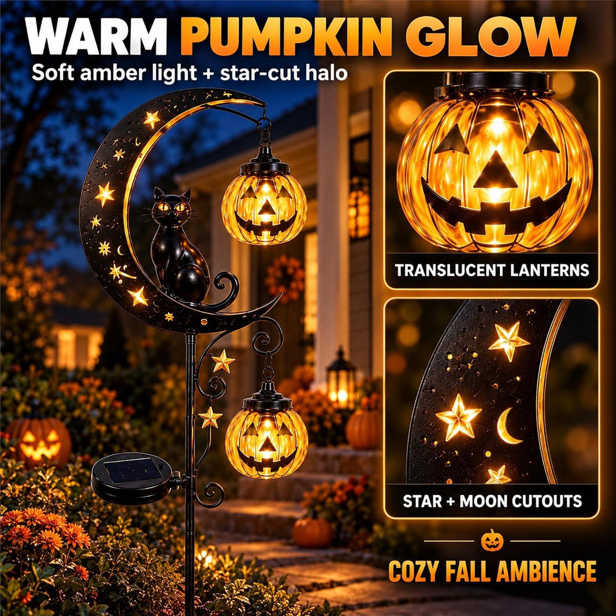 Solar Halloween Pumpkin Light, Black Cat Moon Garden Stake Light with 2 Pumpkin Lanterns, Waterproof Metal Solar Pathway Light，Outdoor Yard Decoration for Lawn Pathway Patio