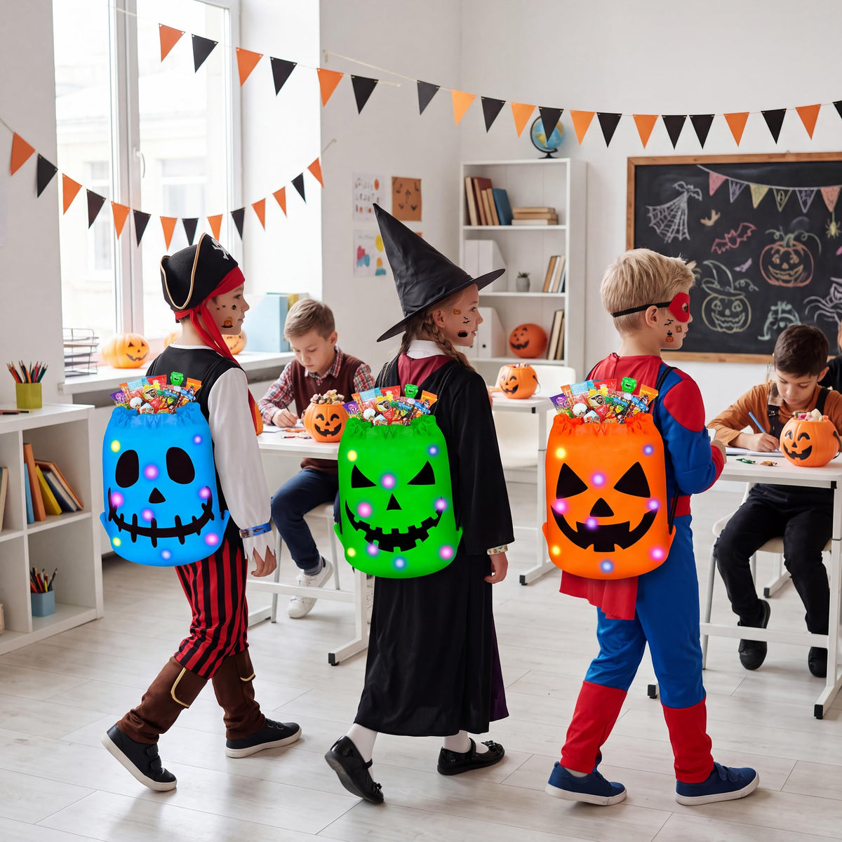 80UncleKimby 3Pcs Halloween Trick or Treat Bucket Candy Bags - Pumpkin Basket Gift for Kids with Bracelets Stickers - Style 6