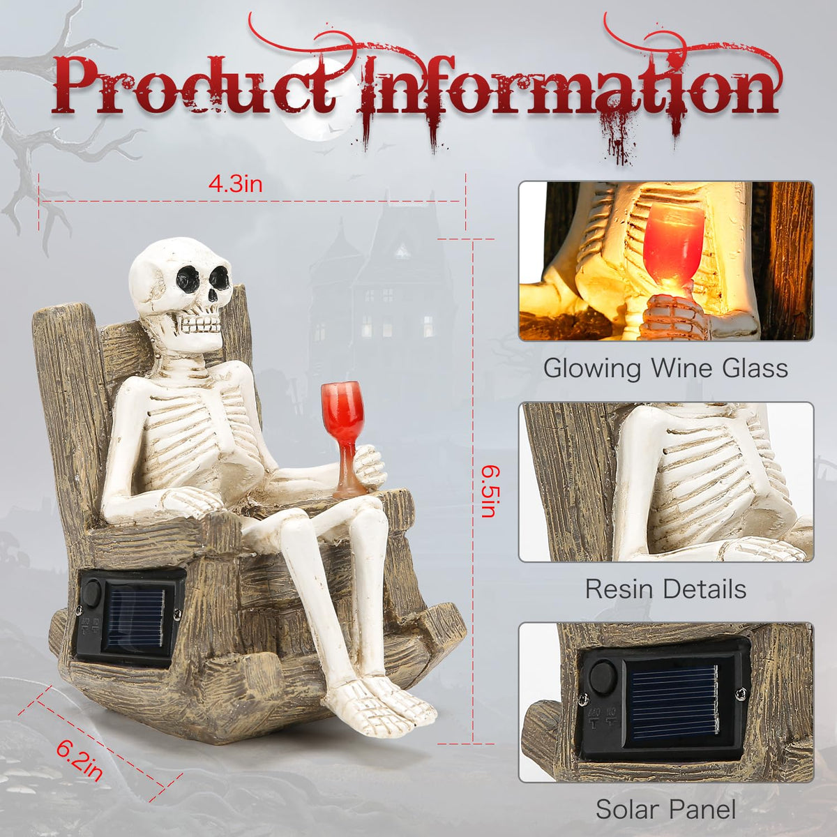 Solar Halloween Decorations Outdoor - 6.5” Resin Garden Statue Warm LED,