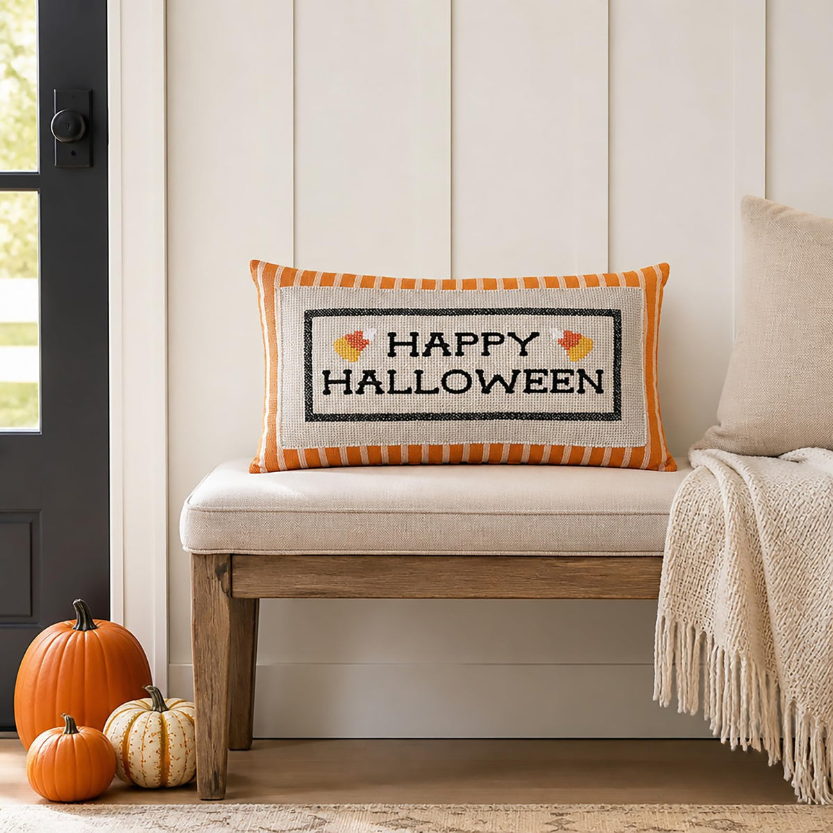 Mud Pie Halloween Pillow, Happy Halloween Embroidered Throw Pillow