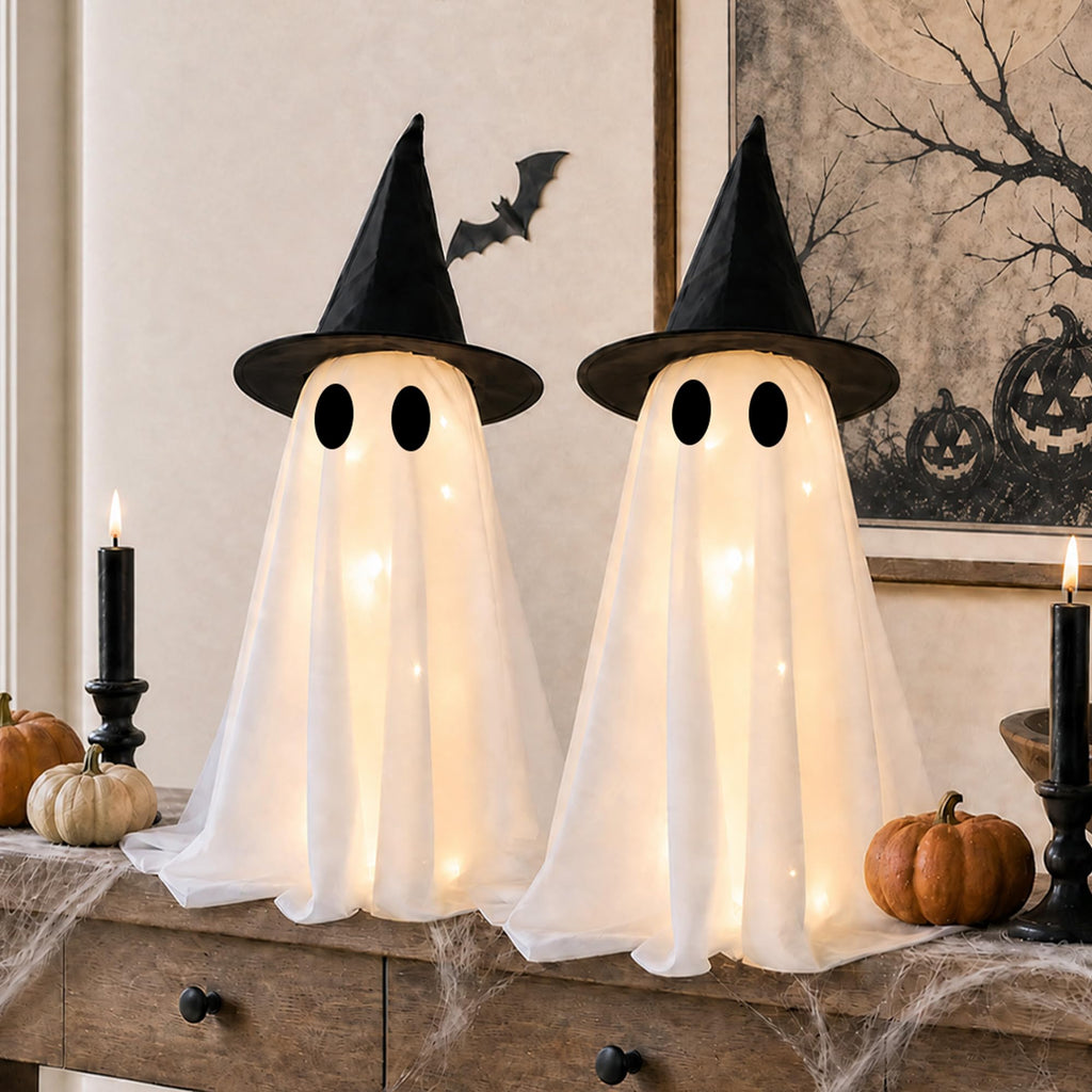 Halloween Decorations-Set of 2 Light-Up Ghosts with Witch Hats