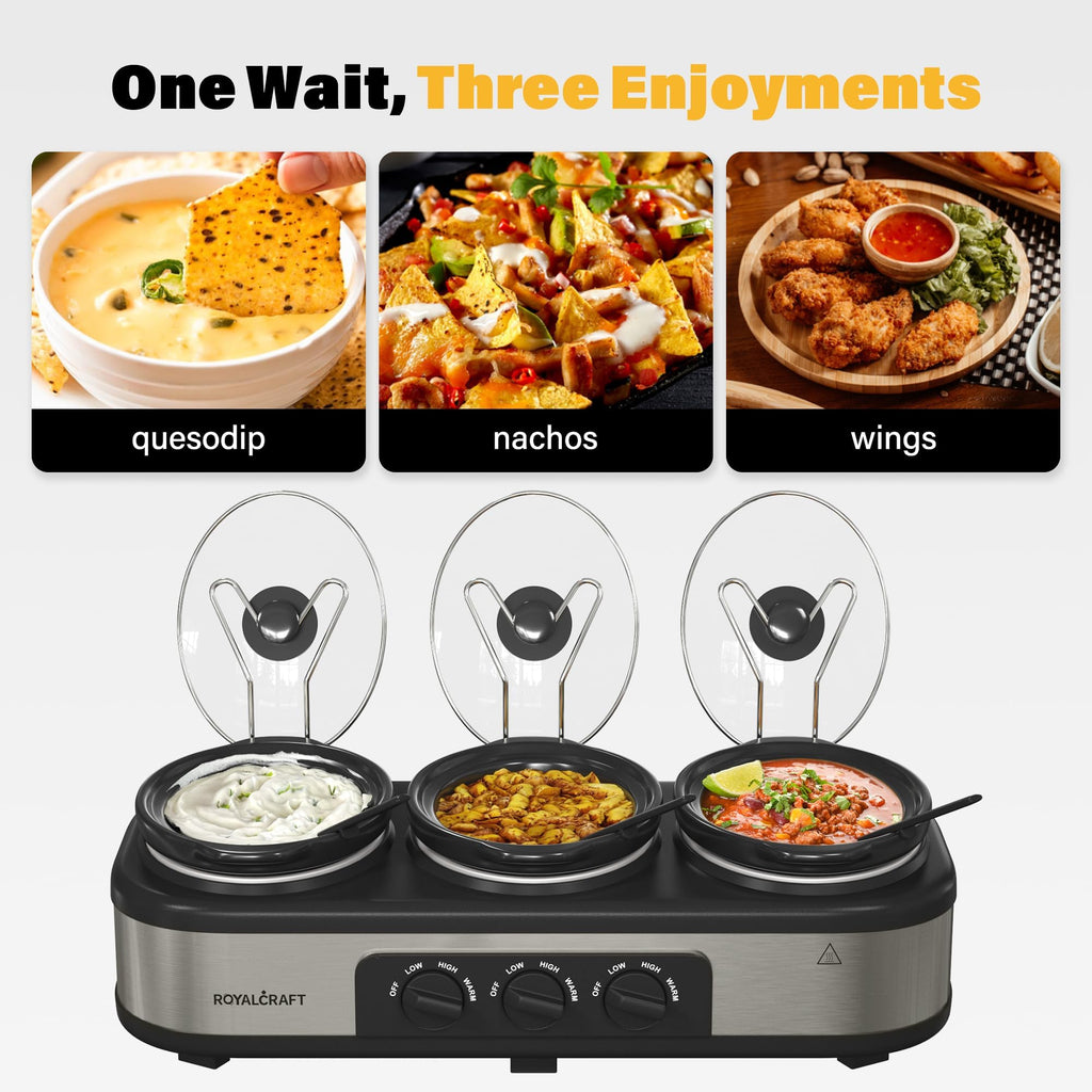 Royalcraft Slow Cooker with 10 Cooking Liners, 3 in 1 Buffet Servers Dips Pot, Food Warmers for Parties with 3 Spoons, Lid Rests, Removable Oval Ceramic Pots, Total 4.5QT Silver