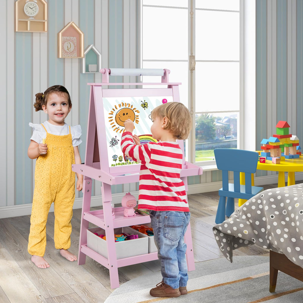 Costzon Kids Art Easel, 3 in 1 Double-Sided Painting Easel w/Magnetic Whiteboard, Chalkboard & Paper Roll, 2-Tier Storage Rack & 2 Boxes, Standing Easel for Kids, Toddlers, Gift for Boys, Girls