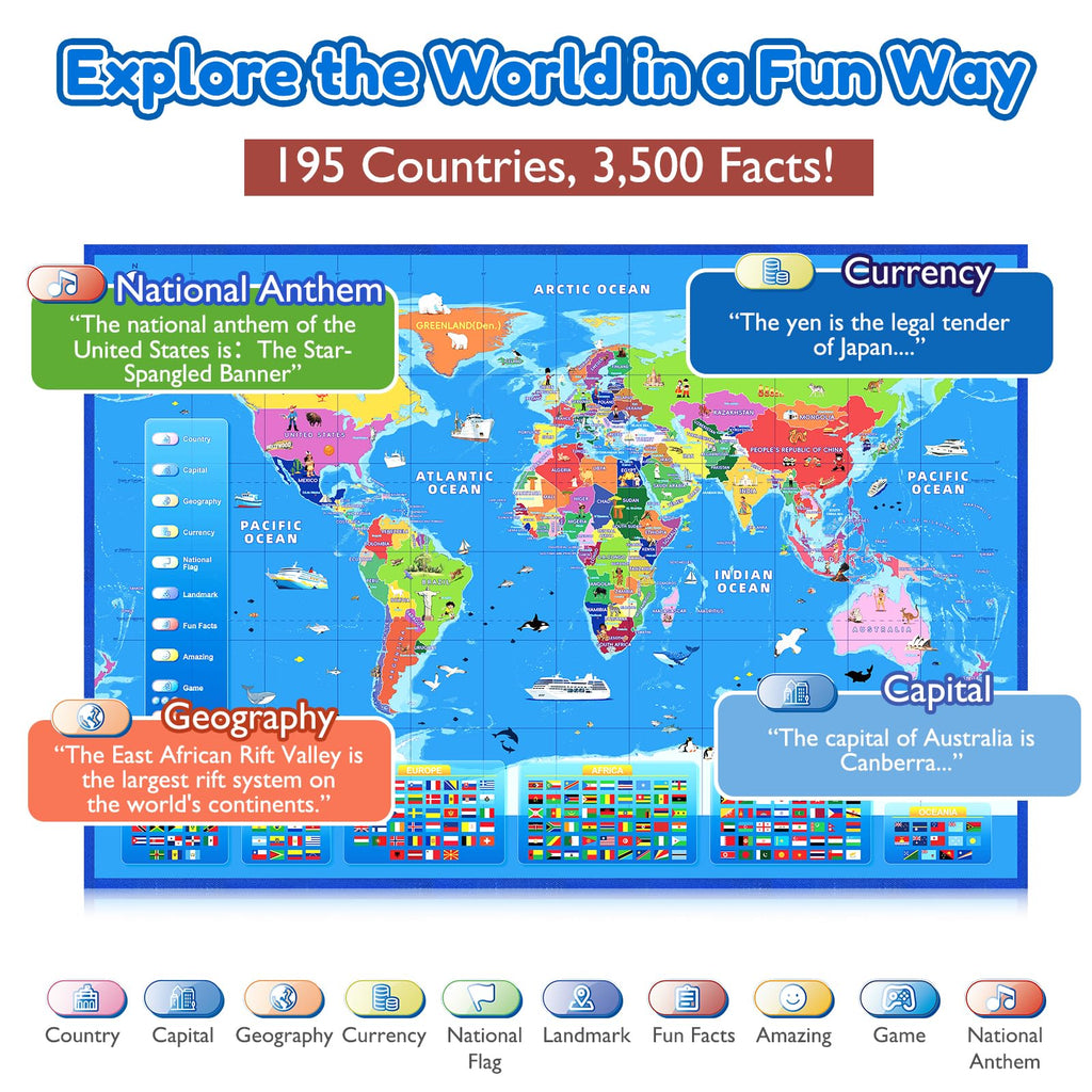 Goldge Interactive World Map for Kids Ages 5-12 with Talking Pen