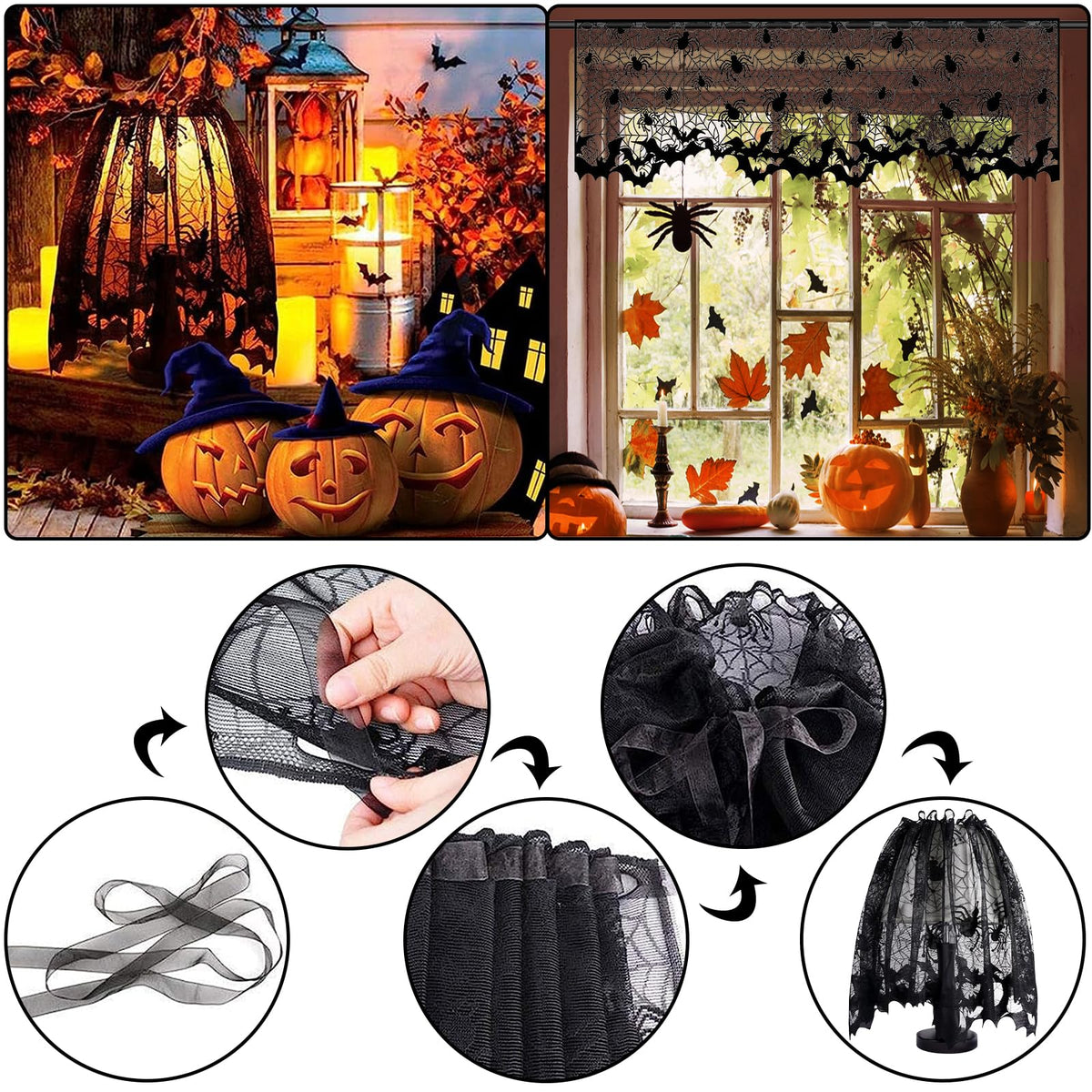 5Pack Halloween Spiderweb Tablecloth Runner Fireplace Scarf Lampshade Bats