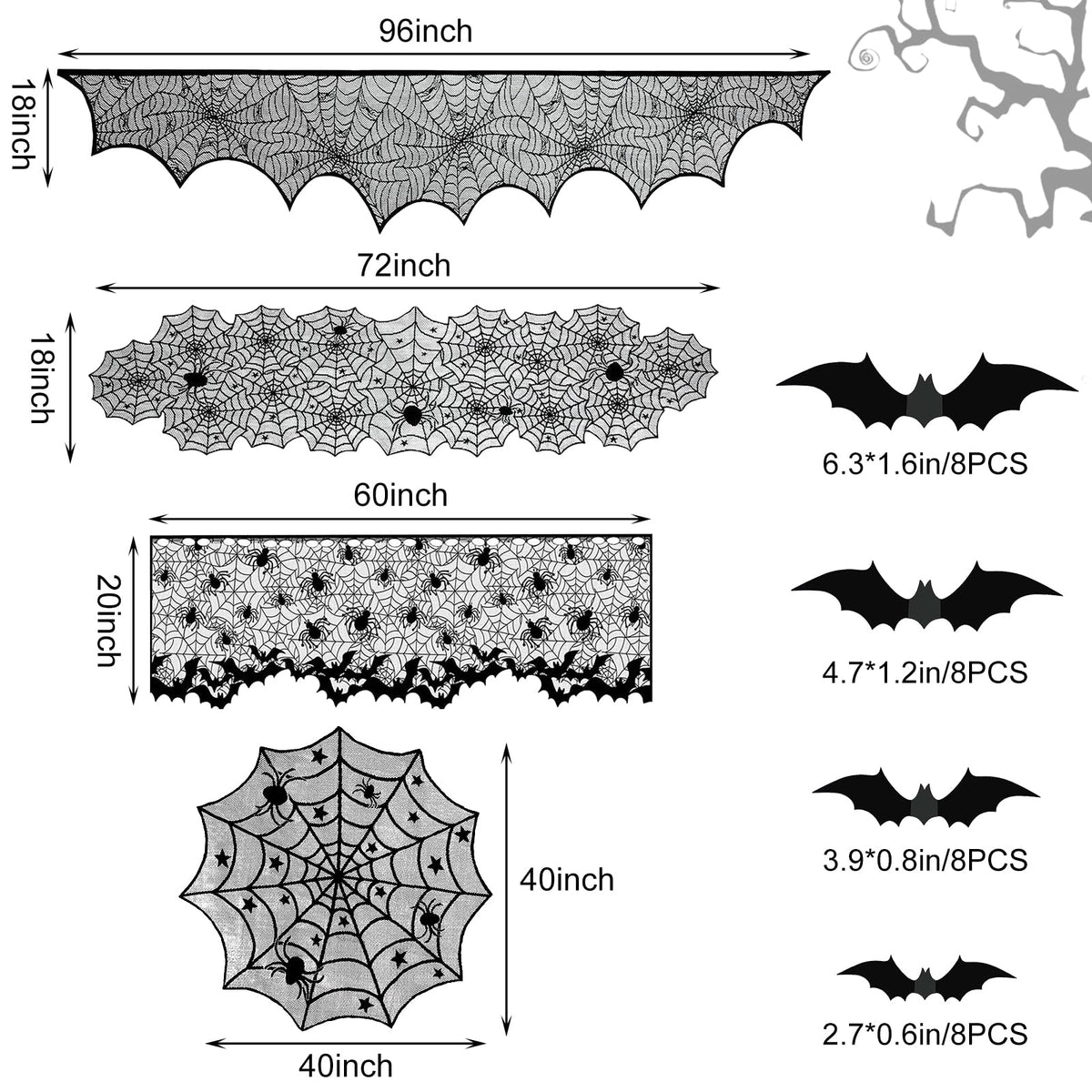 5Pack Halloween Spiderweb Tablecloth Runner Fireplace Scarf Lampshade Bats