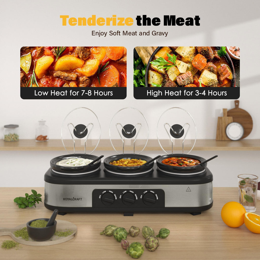 Royalcraft Slow Cooker with 10 Cooking Liners, 3 in 1 Buffet Servers Dips Pot, Food Warmers for Parties with 3 Spoons, Lid Rests, Removable Oval Ceramic Pots, Total 4.5QT Silver