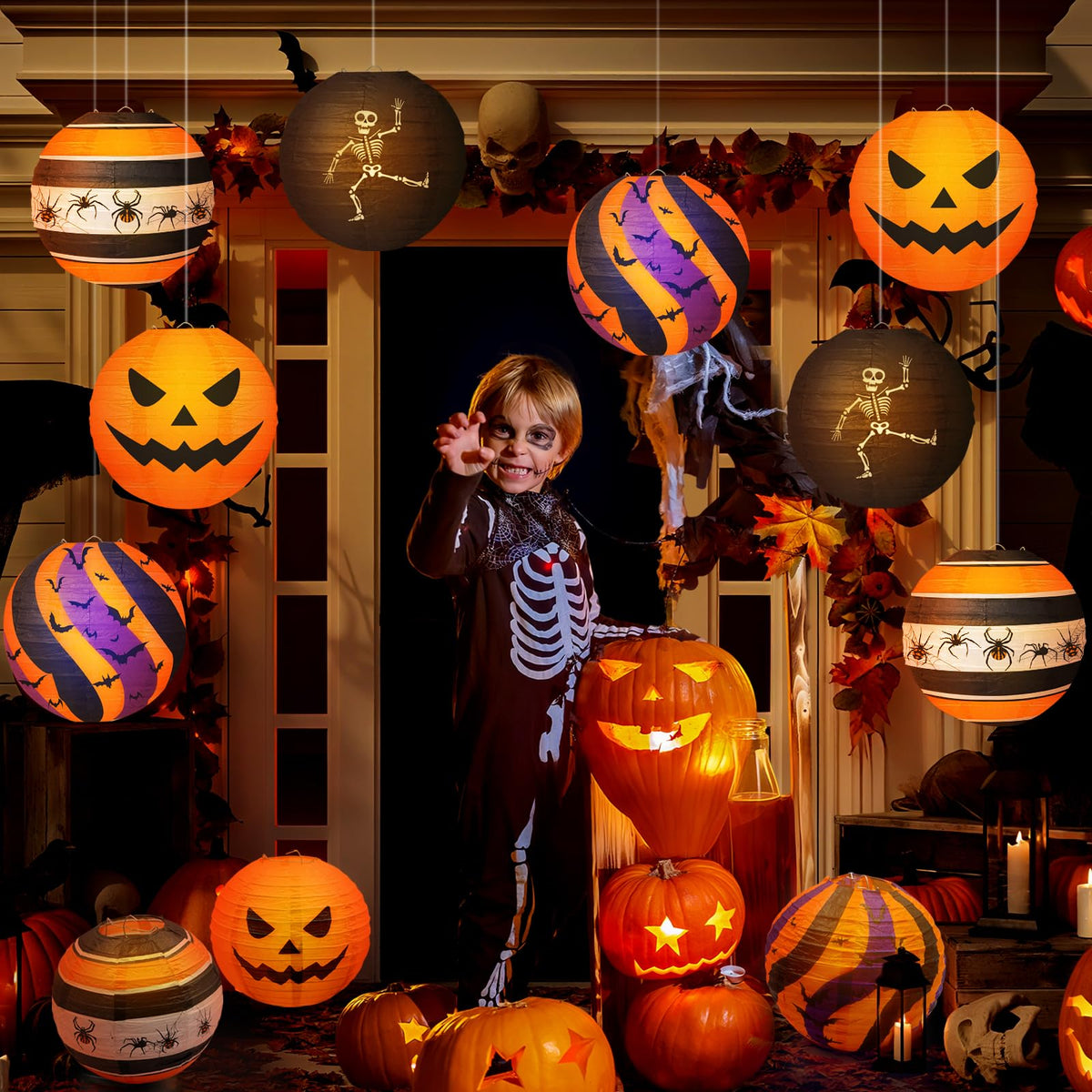 Halloween Paper Lanterns, 12 Pack, 8 Inch Hanging Party Decor, 4 Designs