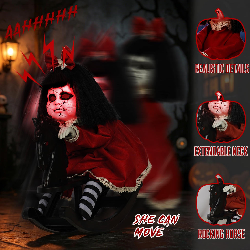 Hourleey Halloween Animatronics Decorations, Sound Activated Girl Doll on Rocking Horse with Lights and Sound, Animated Halloween Decor for Indoor Outdoor Haunted House Party Prop
