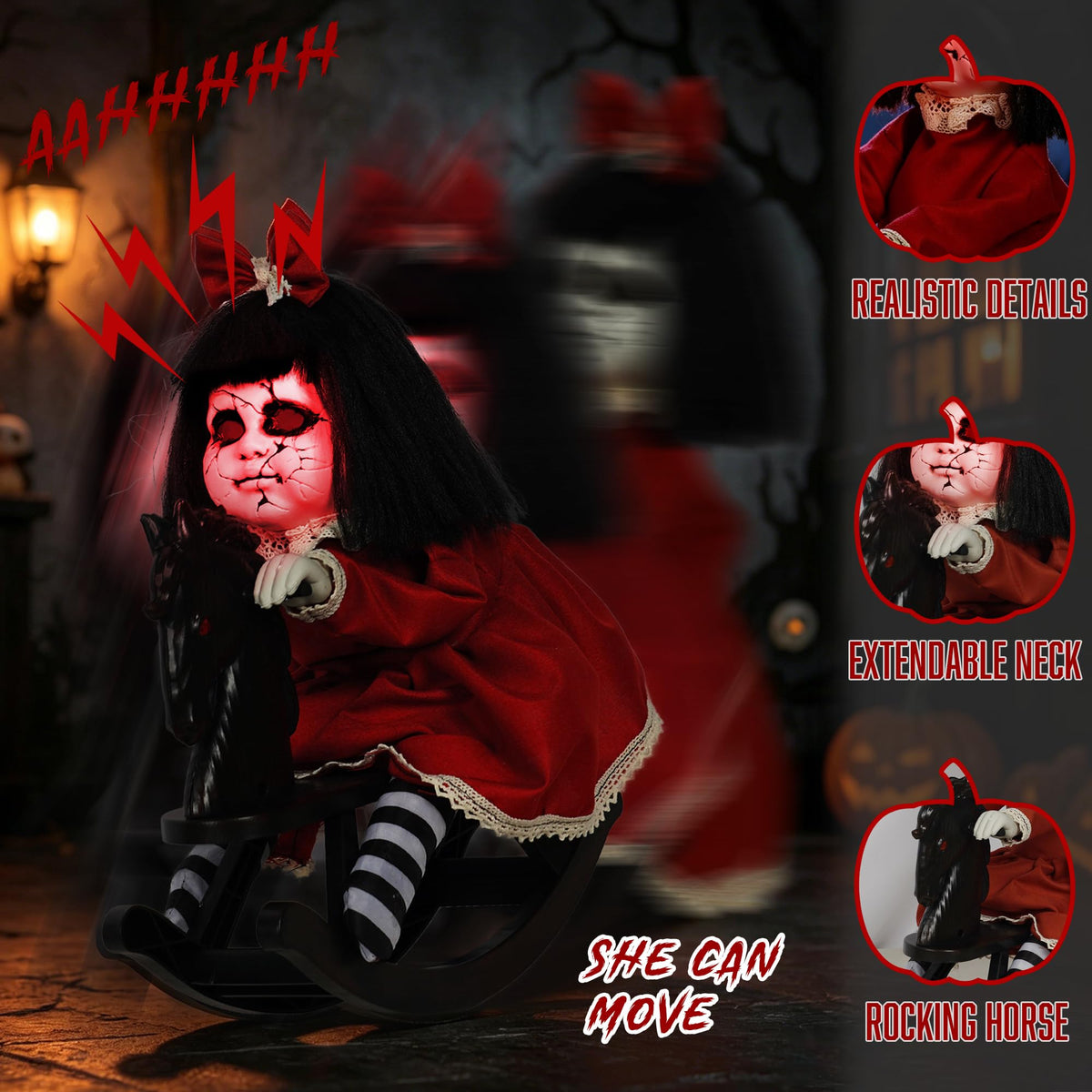 Hourleey Halloween Animatronics Decorations, Sound Activated Girl Doll on Rocking Horse with Lights and Sound, Animated Halloween Decor for Indoor Outdoor Haunted House Party Prop