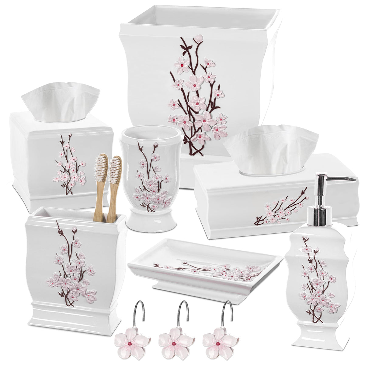 Vanda Cherry Blossom 4 Piece Resin Bathroom Accessories Set