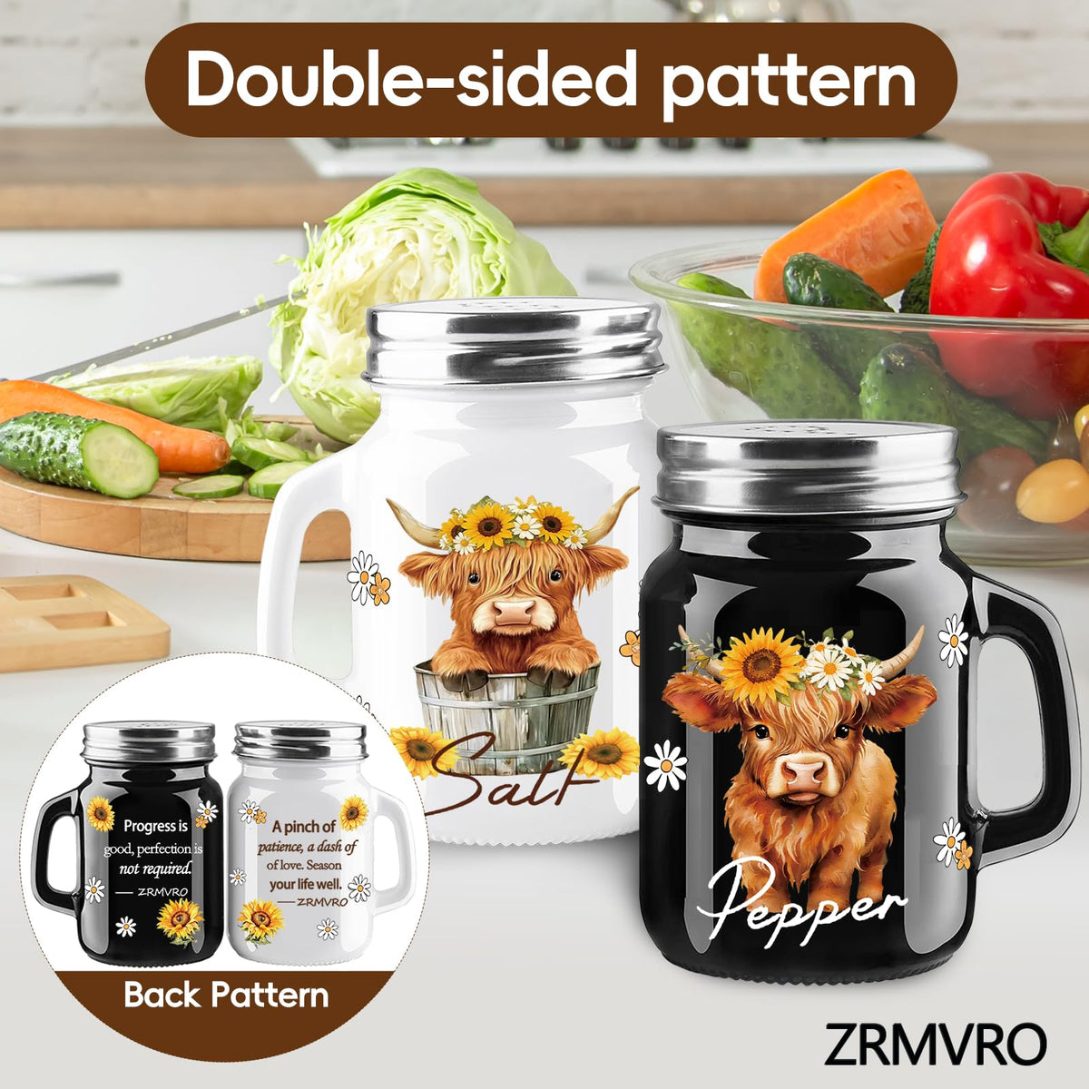 ZRMVRO 2 Salt And Pepper Shakers，Highland Cow Cute Fun Salt And Pepper Shakers Set，Cute Salt Shakers For Kitchen Decor，Black And White Salt And Pepper Shakers With Stainless Steel Lids