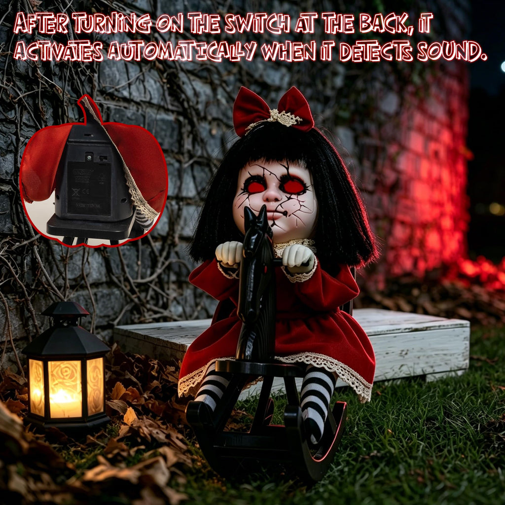 Hourleey Halloween Animatronics Decorations, Sound Activated Girl Doll on Rocking Horse with Lights and Sound, Animated Halloween Decor for Indoor Outdoor Haunted House Party Prop