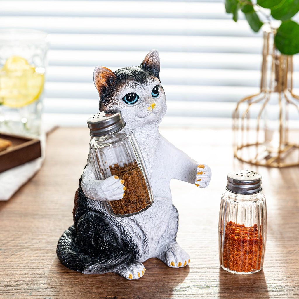 Resin Cat Figurine Salt & Pepper Shakers Set with Holder and Glass Spice Jars - Kitchen Décor Cat Decor for Cat Lovers, Cat Figure, Cat Figurines Gift for Mom & Women