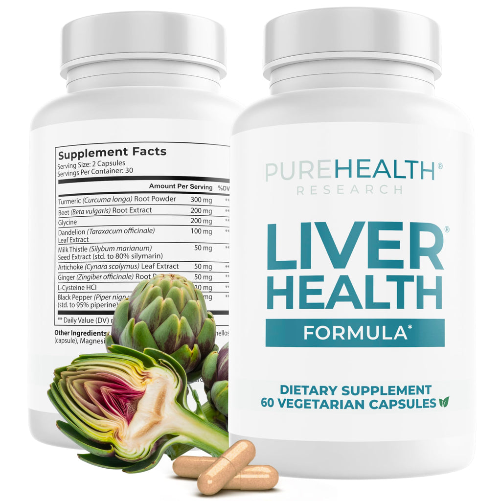 PUREHEALTH RESEARCH Liver Health – Liver Cleanse Detox & Repair with Artichoke Extract, Milk Thistle, Dandelion Root, Turmeric, Beet Root to Healthy Liver Renew with 11 Natural Nutrients, 60 Capsules