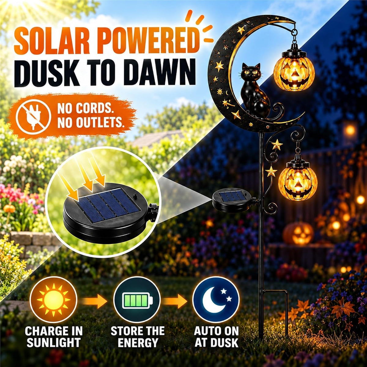 Solar Halloween Pumpkin Light, Black Cat Moon Garden Stake Light with 2 Pumpkin Lanterns, Waterproof Metal Solar Pathway Light，Outdoor Yard Decoration for Lawn Pathway Patio