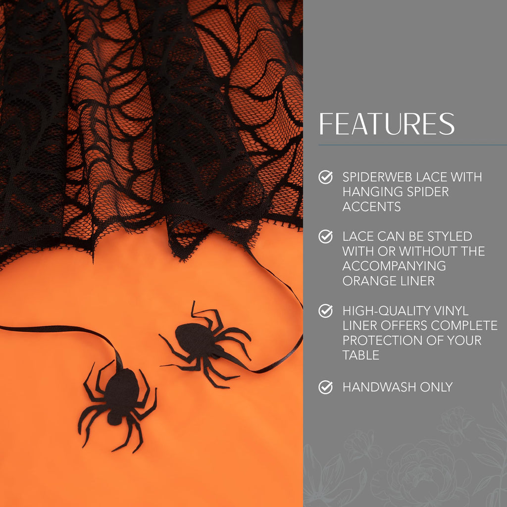 Threadmade Crawling Halloween Spider Lace Lined Tablecloth, Black - 60" W x 84" L