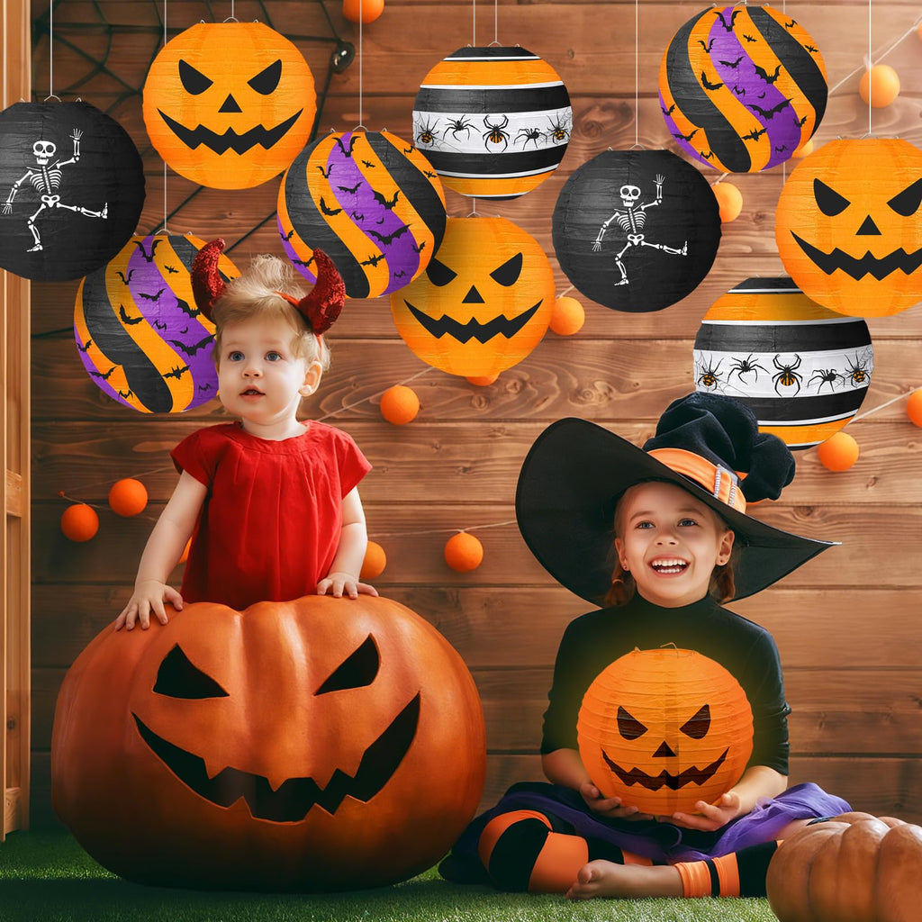Halloween Paper Lanterns, 12 Pack, 8 Inch Hanging Party Decor, 4 Designs