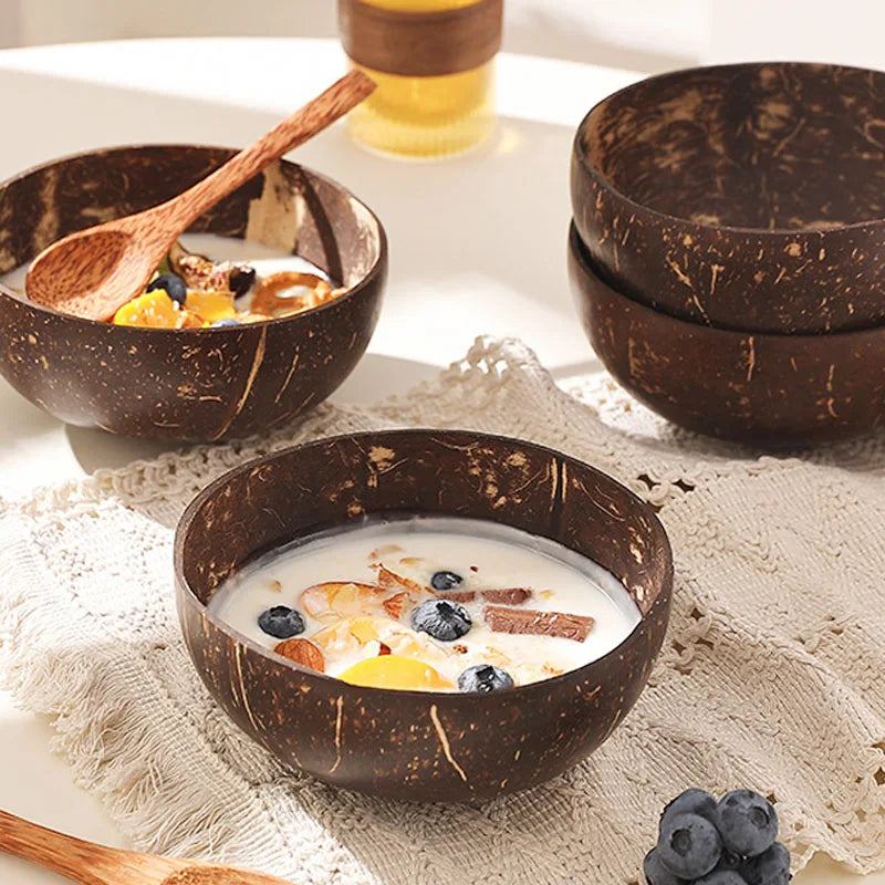 Coconut Shell Bowl Natural Old Coconut Shell Wooden Rice Bowl Spoon Fruit Product Dining Salad Storage Bowl Kitchen Tableware