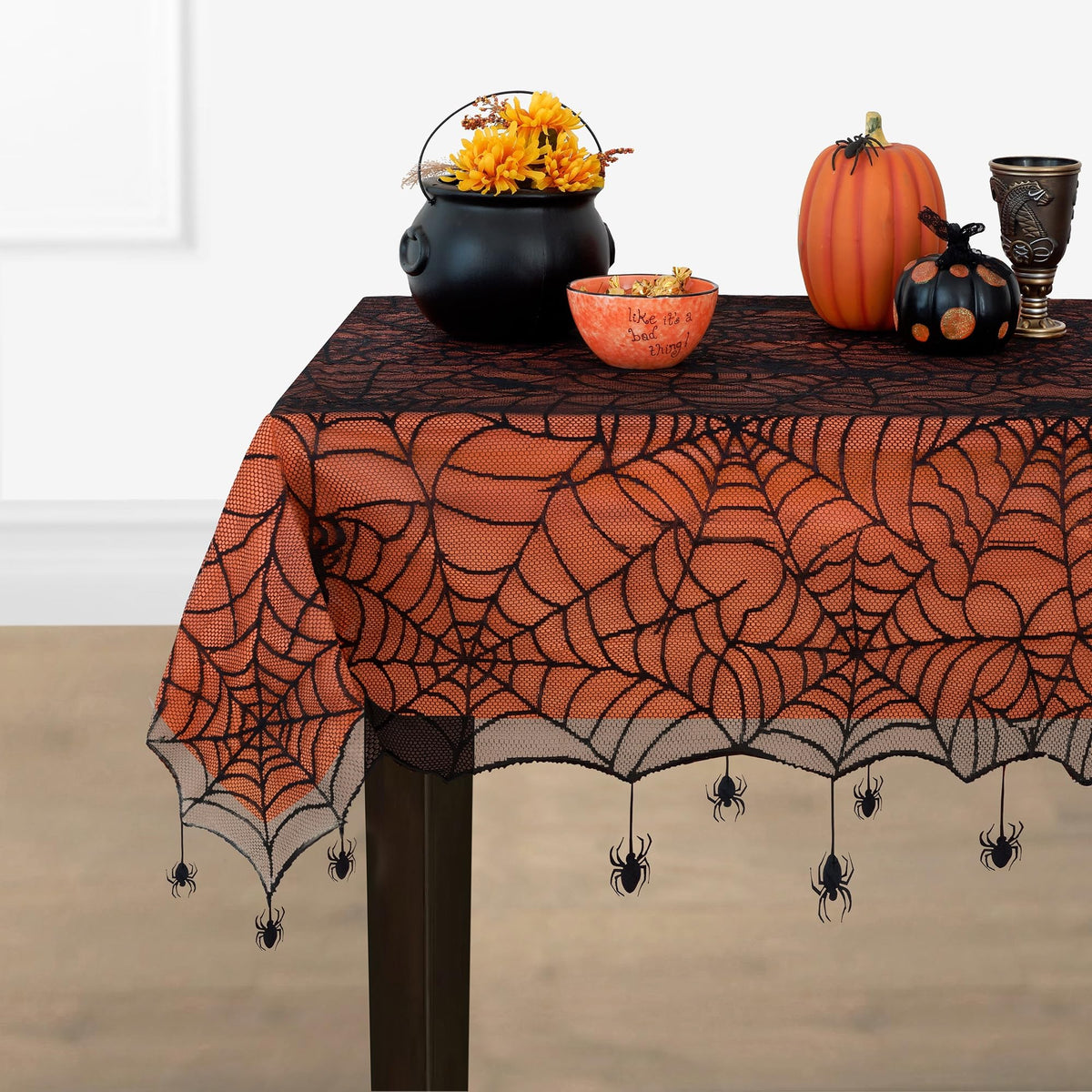 Threadmade Crawling Halloween Spider Lace Lined Tablecloth, Black - 60" W x 84" L