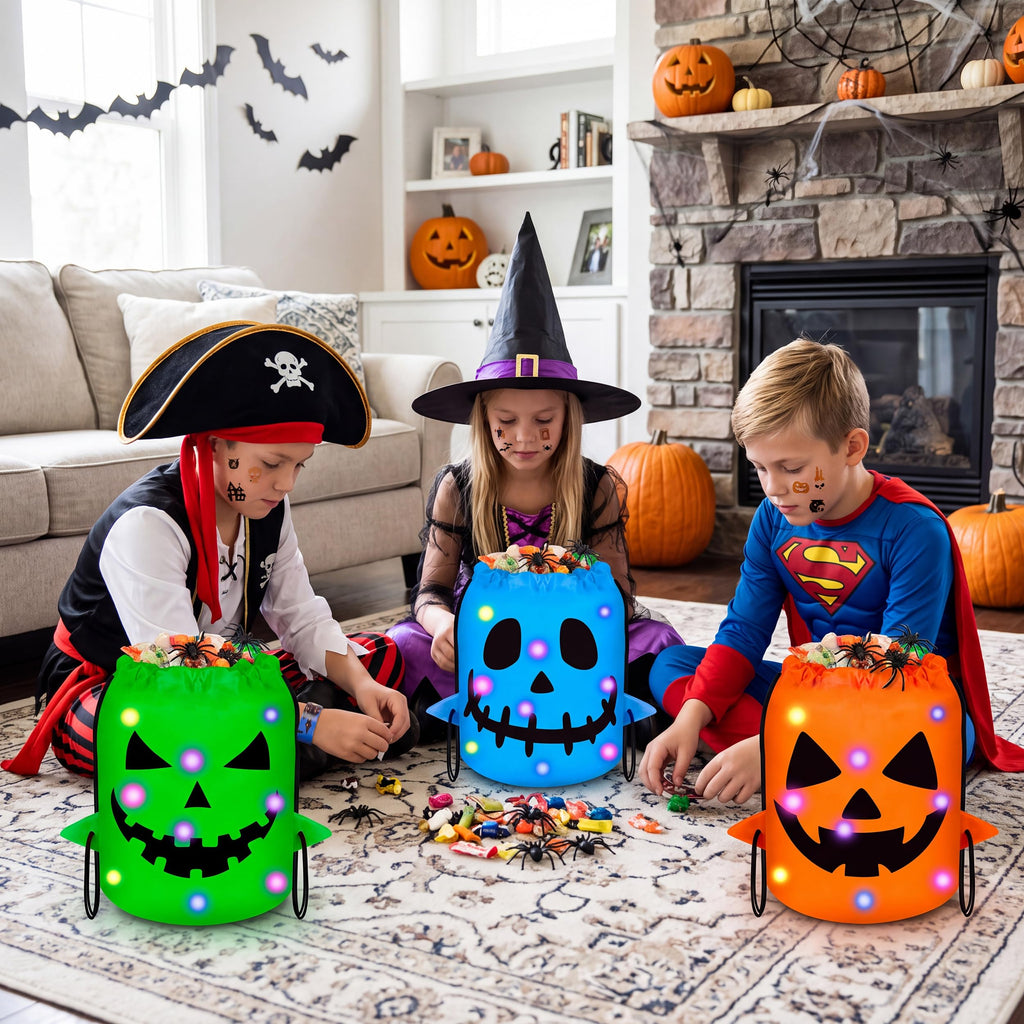 80UncleKimby 3Pcs Halloween Trick or Treat Bucket Candy Bags - Pumpkin Basket Gift for Kids with Bracelets Stickers - Style 6