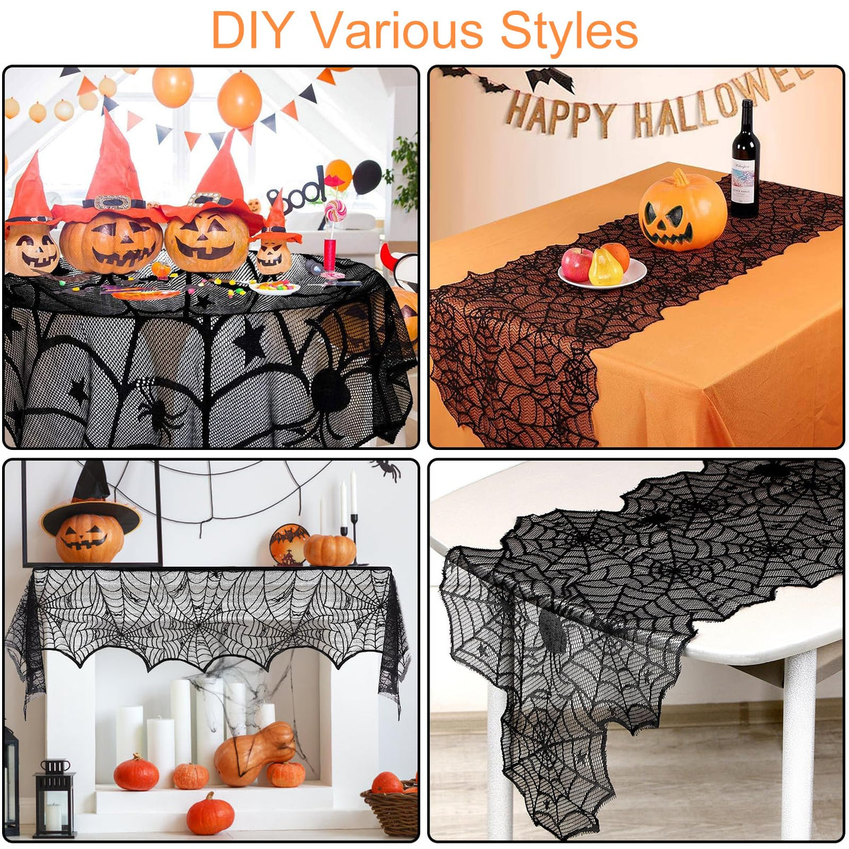 5Pack Halloween Spiderweb Tablecloth Runner Fireplace Scarf Lampshade Bats