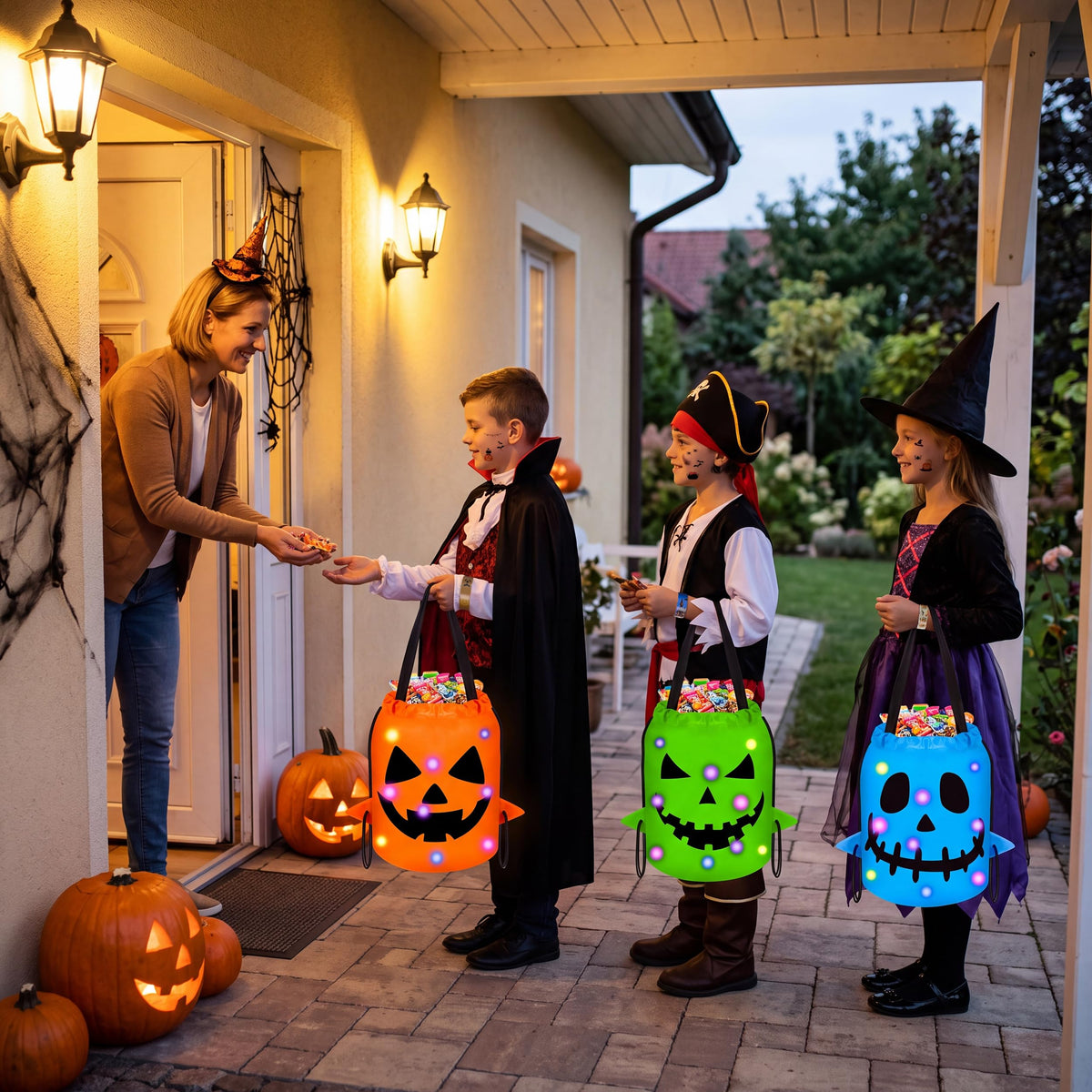 80UncleKimby 3Pcs Halloween Trick or Treat Bucket Candy Bags - Pumpkin Basket Gift for Kids with Bracelets Stickers - Style 6