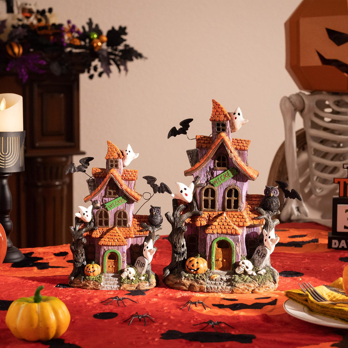 Valery Madelyn Halloween Decorations, Lighted Halloween Village Houses with LED Lights, Resin Spooky Town Happy Haunted House for Home and Party Table Desk Mantel, 9 Inch