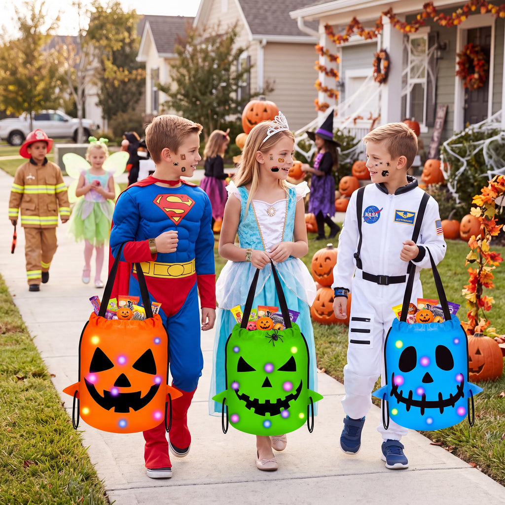 80UncleKimby 3Pcs Halloween Trick or Treat Bucket Candy Bags - Pumpkin Basket Gift for Kids with Bracelets Stickers - Style 6