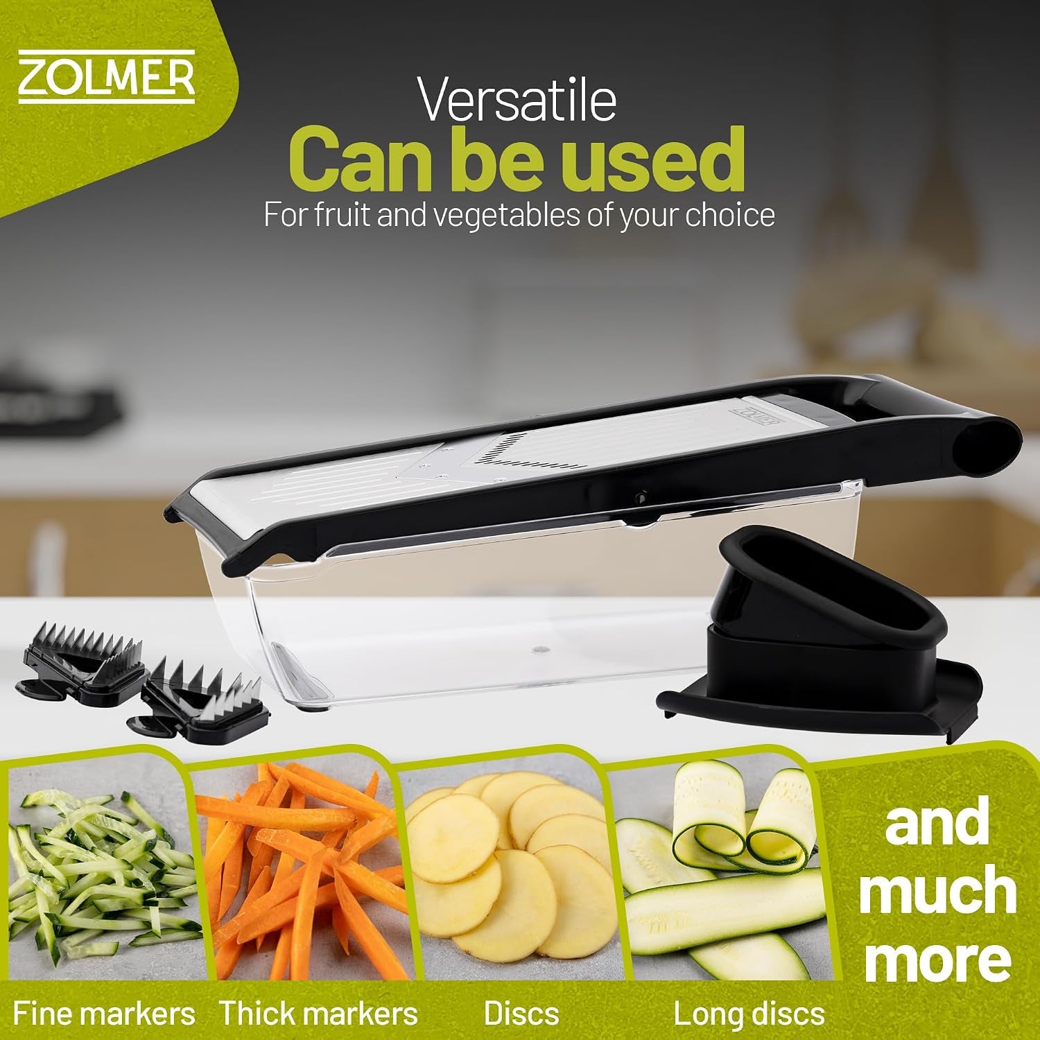 Professional Mandoline Slicer for Kitchen - Adjustable Vegetable Slicer with Two Extra-Sharp Julienne Blades - Veggie Slicer with Finger Guard and Collection Tray - Potato Slicer, Cucumber Slicer