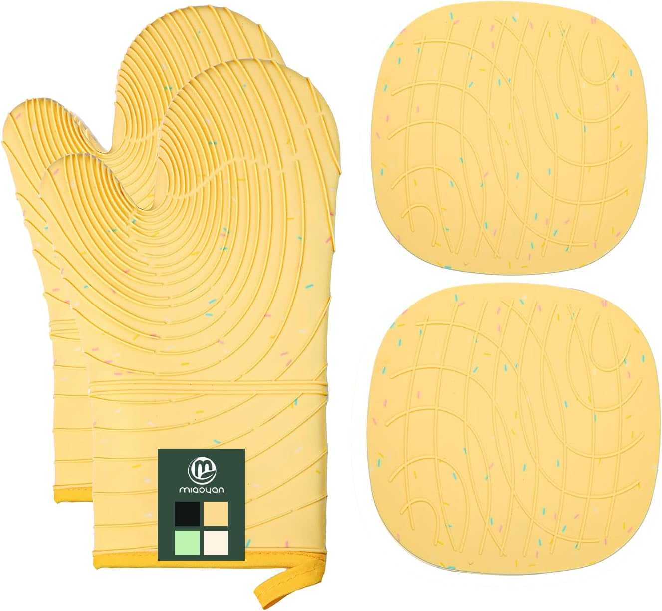 4 Pieces Oven Mitts and Pot Holders of Macaron Color Thickened Non-Slip Silicone Kitchen Gloves, Heat Resistant up to 500F, Essential for Kitchen Baking(Makal-Huang)