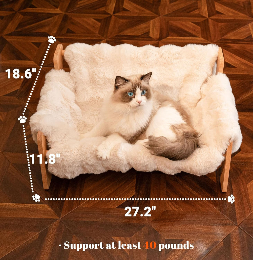 Elevated Wooden Cat Couch Bed with Washable Fluffy Cushion – 3 Colors
