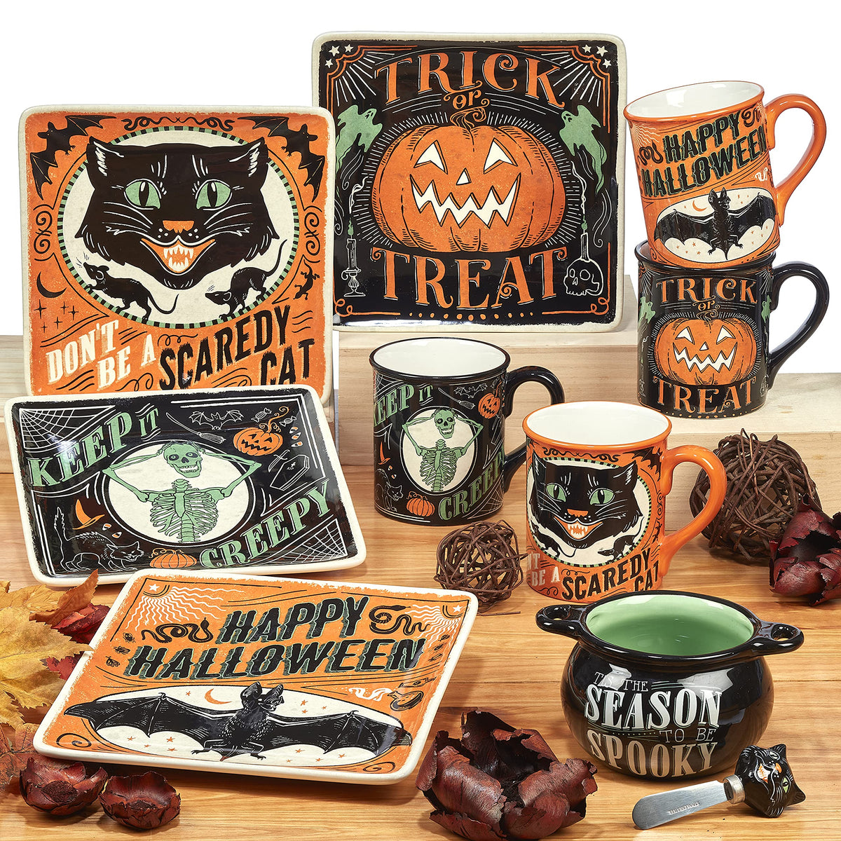 Scaredy Cat 3-D Ceramic Halloween Mugs, Set of 4 – Add spooky fun to your fall mornings with ghost, pumpkin, skull, and black cat designs, perfect for coffee, cocoa, or festive party drinks
