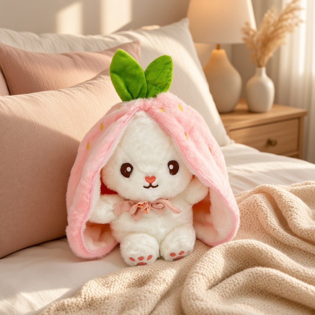 Reversible Strawberry Bunny Plush Toy Soft Polyester Stuffed Animal for Kids Hide and Seek Transforming Toy