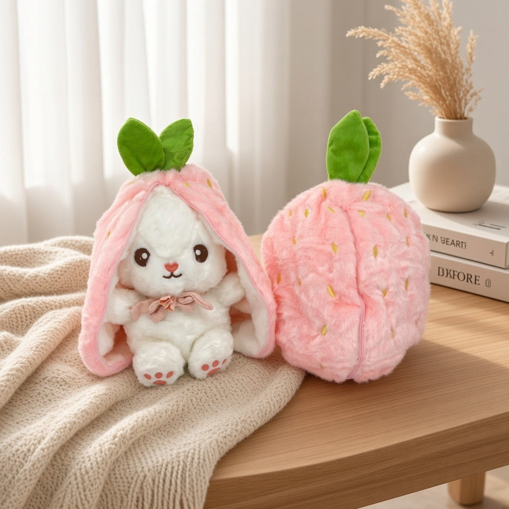 Reversible Strawberry Bunny Plush Toy Soft Polyester Stuffed Animal for Kids Hide and Seek Transforming Toy