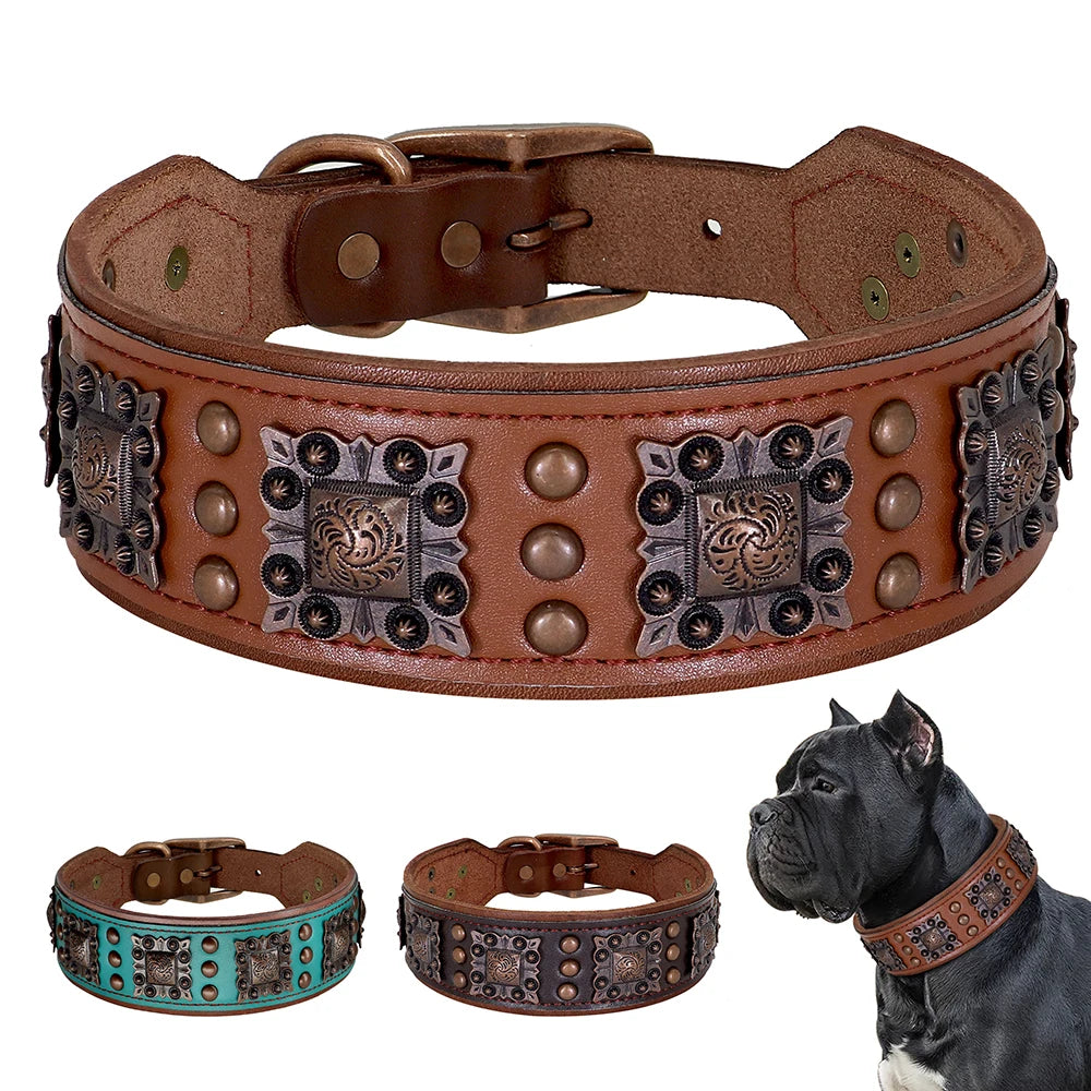 Cool Spiked Dog Collar for Medium Large Dogs Genuine Leather Pitbull Bulldog Adjustable Pet Accessories Collars Necklace