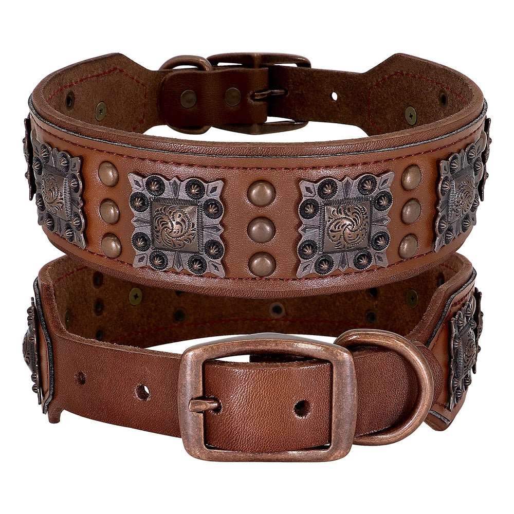 Cool Spiked Dog Collar for Medium Large Dogs Genuine Leather Pitbull Bulldog Adjustable Pet Accessories Collars Necklace