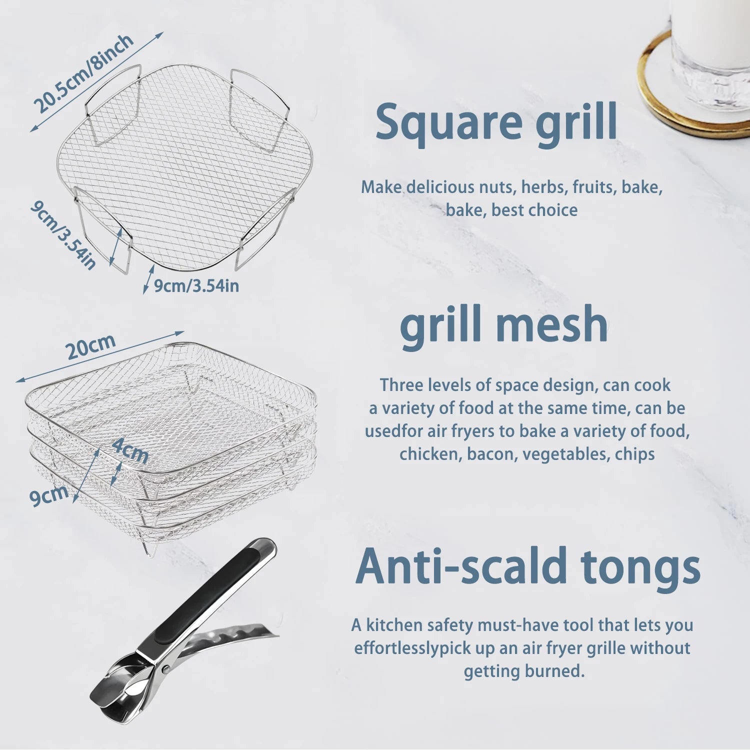 Square Air Grill Rack Basket for Cosori 5.5L 6.4L/ Proscenic 5.5L/Tefal 6.5L/Tristar 6L Phi/ Ninja Foodi Grill