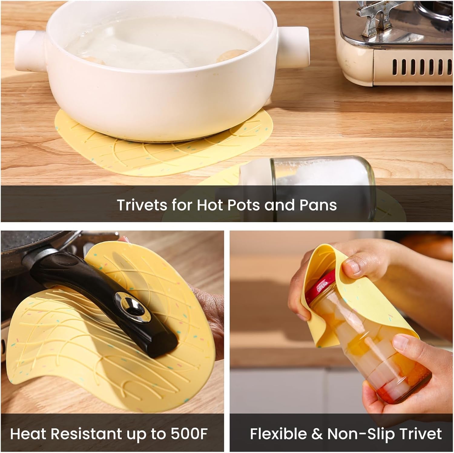 4 Pieces Oven Mitts and Pot Holders of Macaron Color Thickened Non-Slip Silicone Kitchen Gloves, Heat Resistant up to 500F, Essential for Kitchen Baking(Makal-Huang)