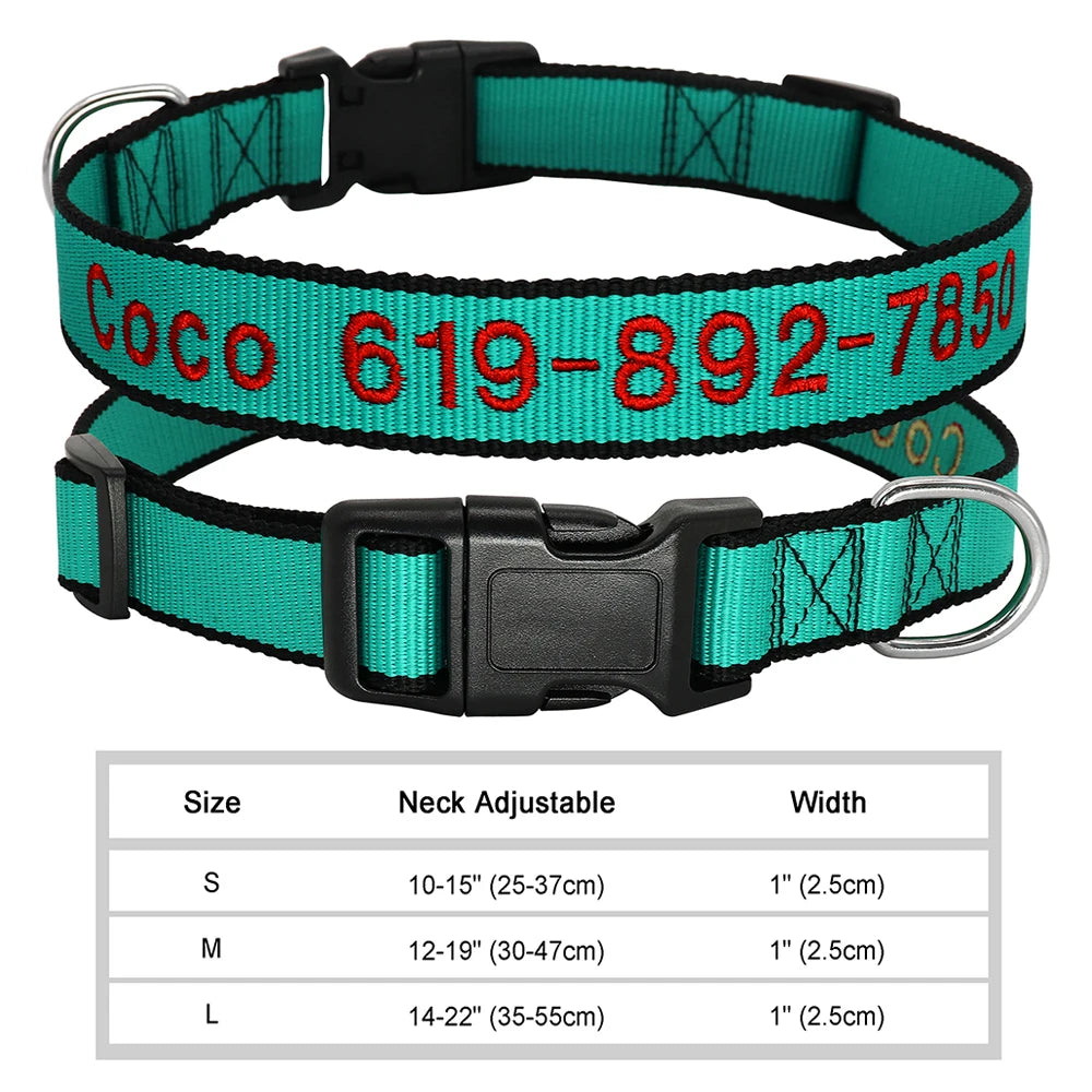 Adjustable Nylon Embroidered Dog Collar Custom ID Name Accessories Pet Collars for Small Medium Large Dogs Pets Supplies Perro