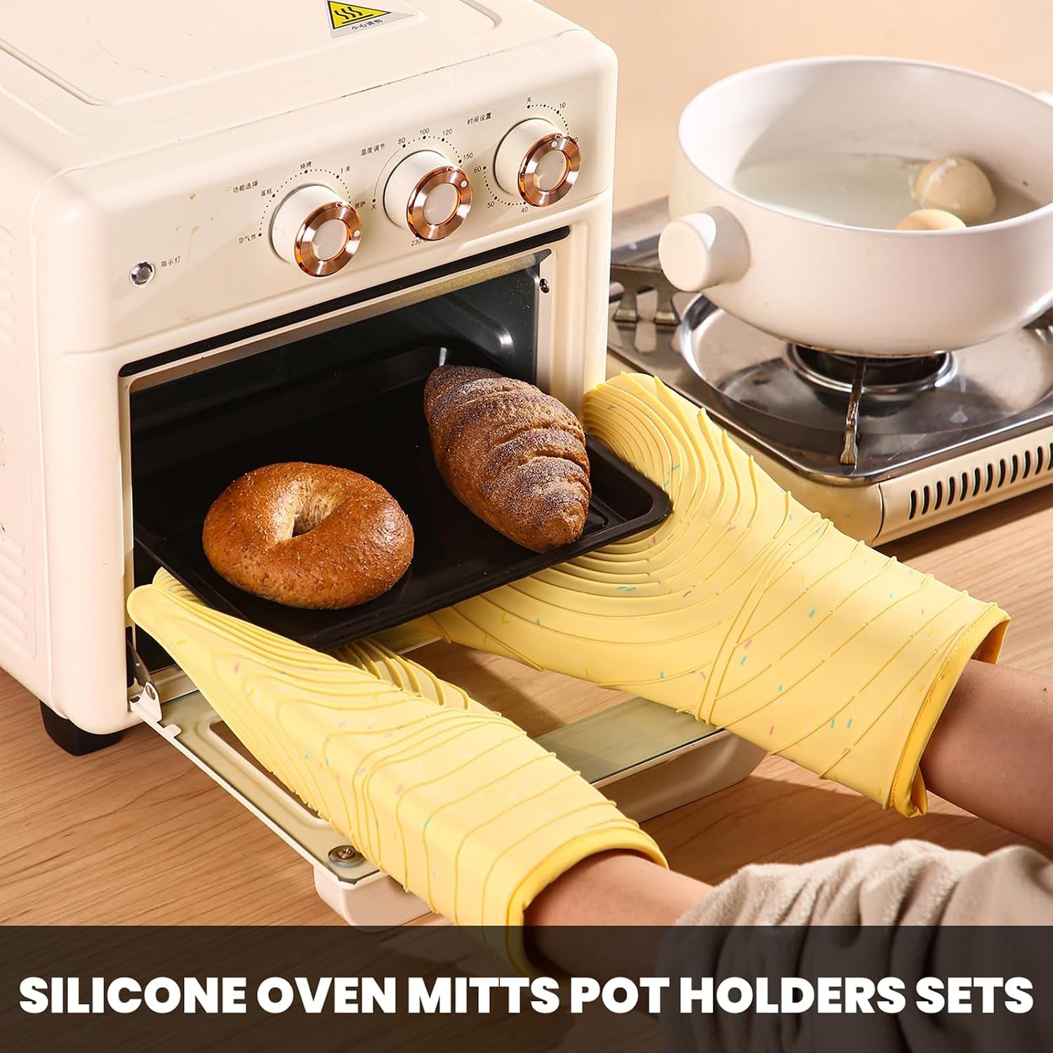 4 Pieces Oven Mitts and Pot Holders of Macaron Color Thickened Non-Slip Silicone Kitchen Gloves, Heat Resistant up to 500F, Essential for Kitchen Baking(Makal-Huang)