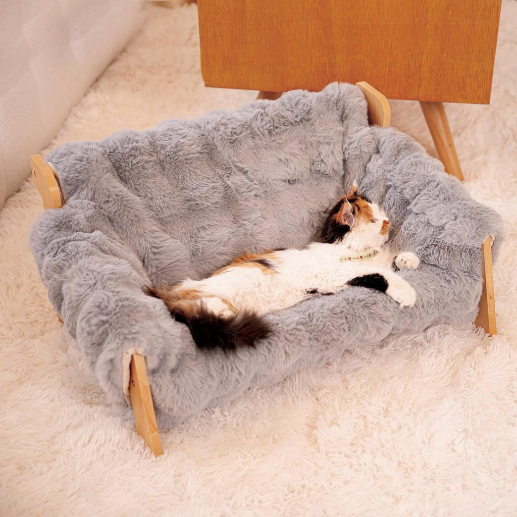 Elevated Wooden Cat Couch Bed with Washable Fluffy Cushion – 3 Colors