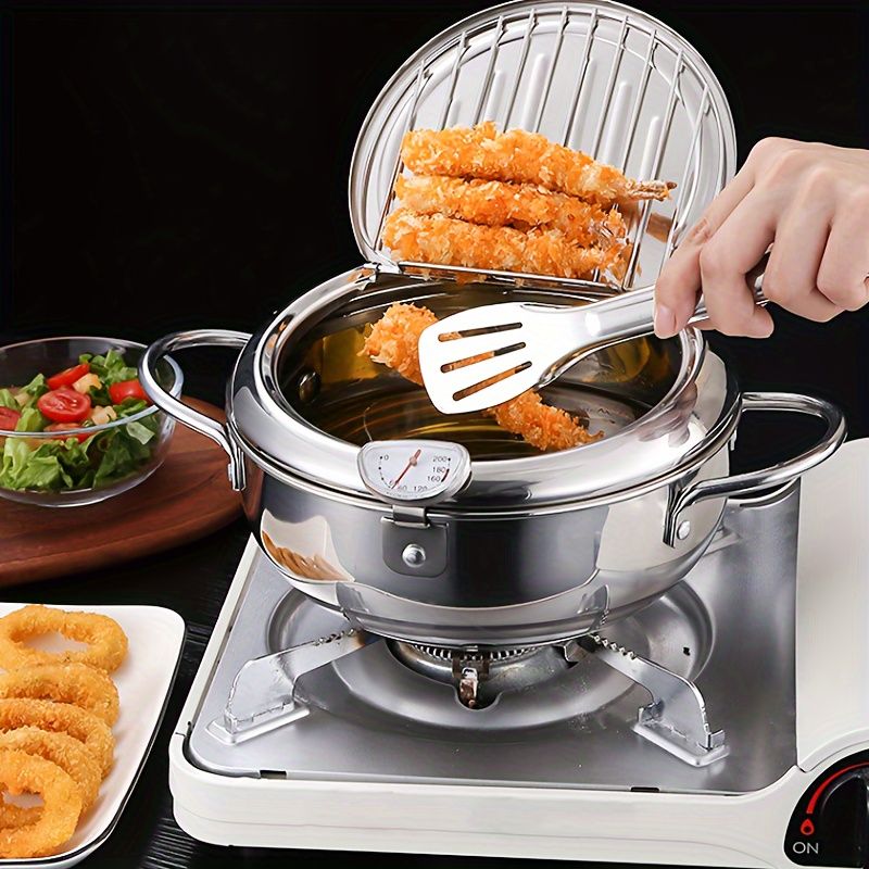 Stainless Steel Tempura Deep Fryer Pot with Thermometer and Drainer Rack
